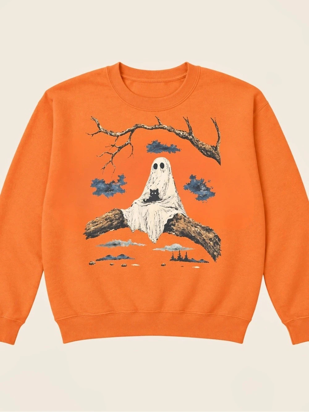 Gildan Heavy Crewneck Sweatshirt with Ghost Cat Graphic Orange